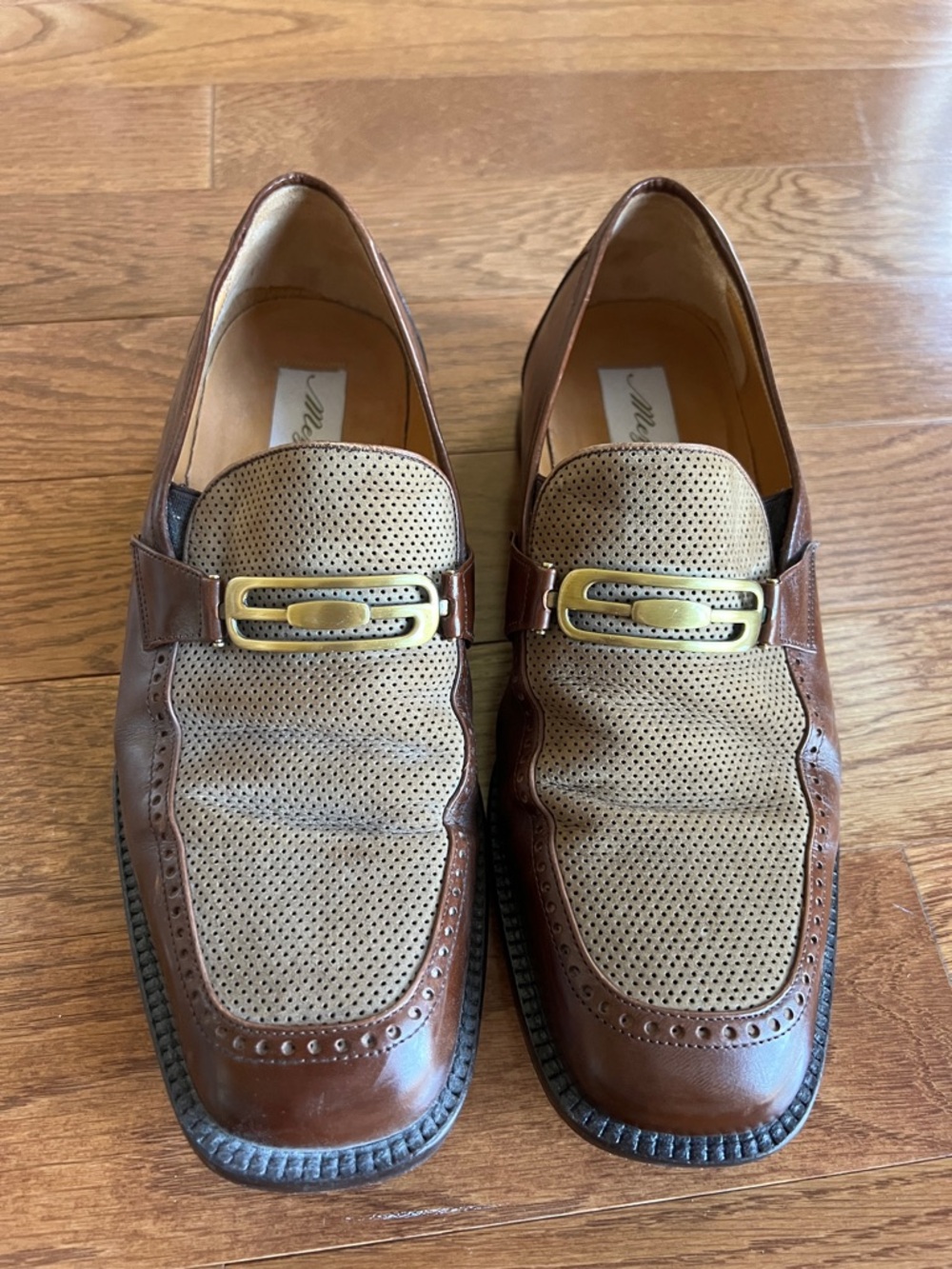 Mezlan Brown & Tan Perforated Leather Loafers with Gold Buckle